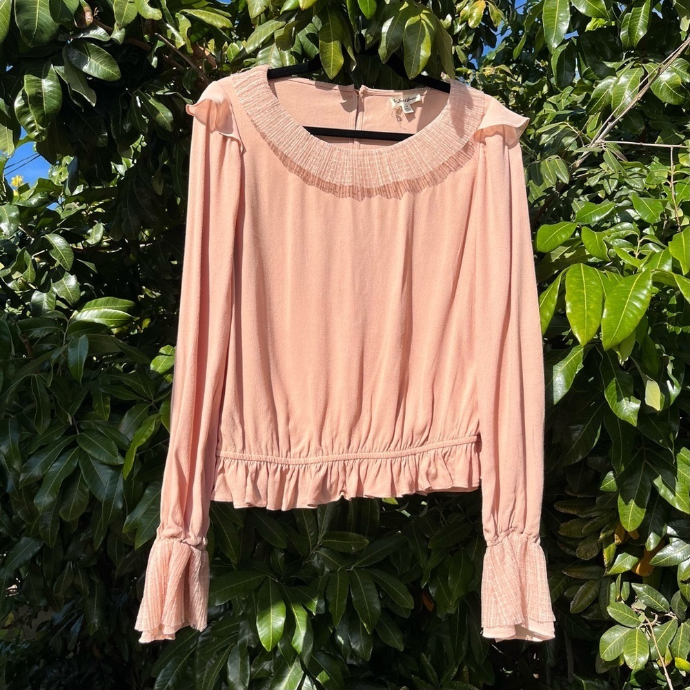 For love and lemons peach pink orange mesh‎ contrast ruffle long sleeve blouse